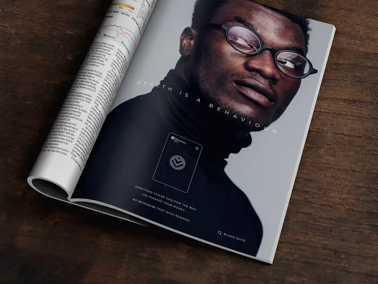 Discovery Bank magazine advertisement showing emotive portrait photography with minimal typography and premium lifestyle magazine aesthetic