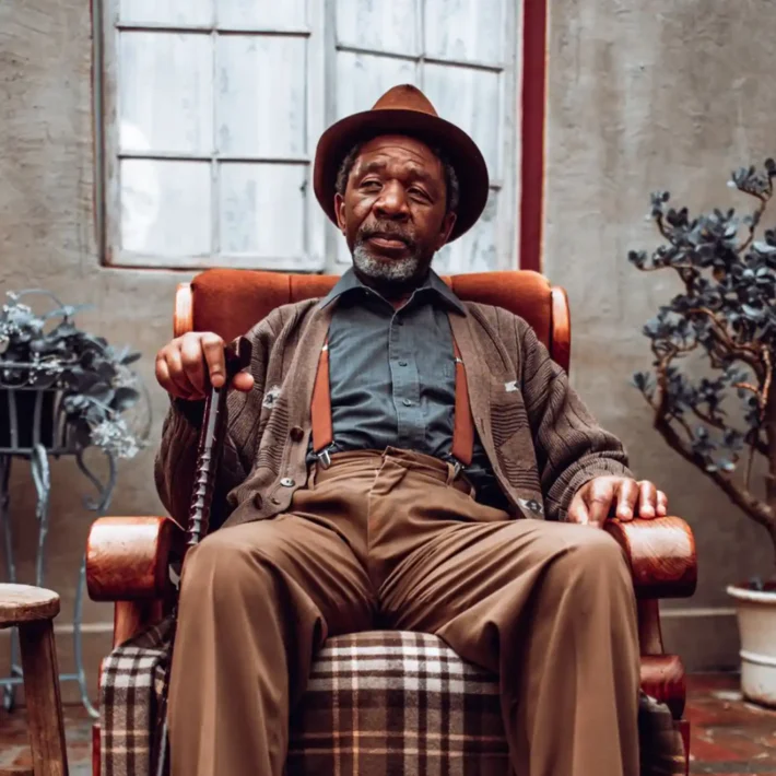 Mr D Social Content emotive portrait photograph of old South African grandfather sitting in a armchair outside