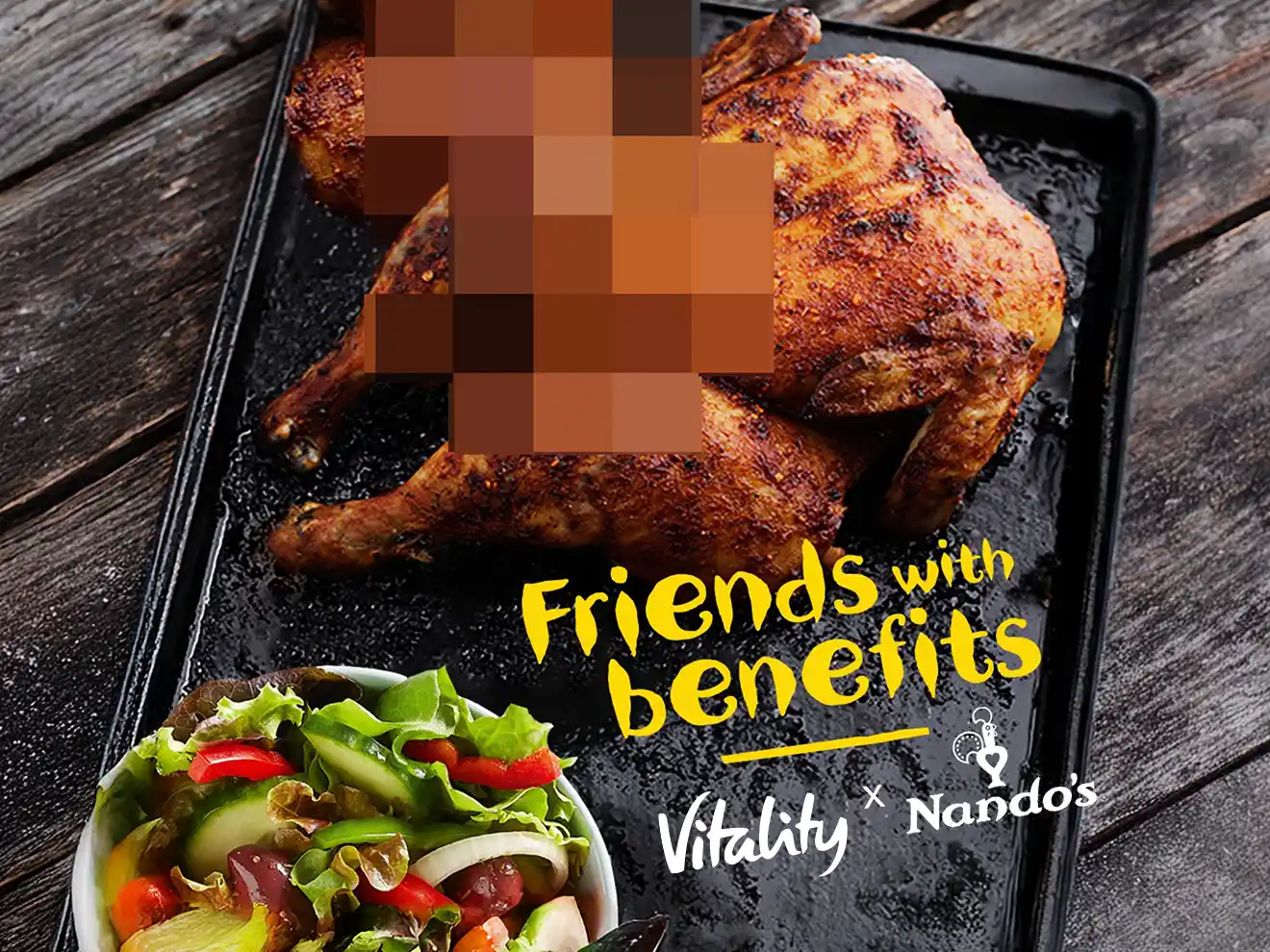 Discovery Vitality x Nando's Launch tongue-in-cheek social media posts for partnership using innuendo and pixelation, and