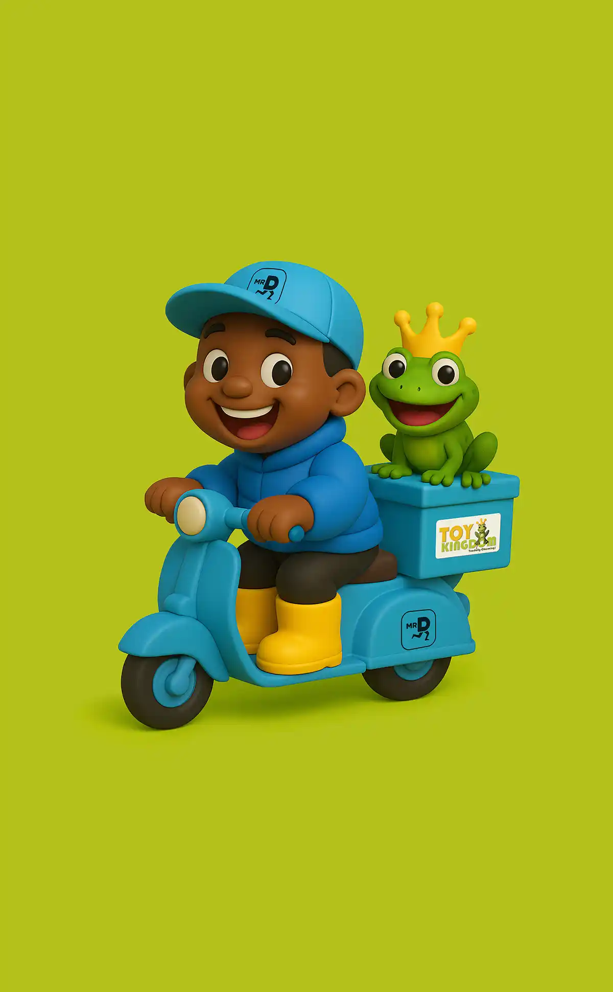 Toy Kingdom x Mr D 3D generative AI brand assets playfully co-branded with vinyl-style toy characters riding scooter